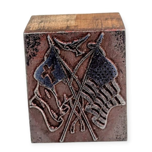 Vintage Letterpress Printing Wood Block: American Flag, Cross, Dove